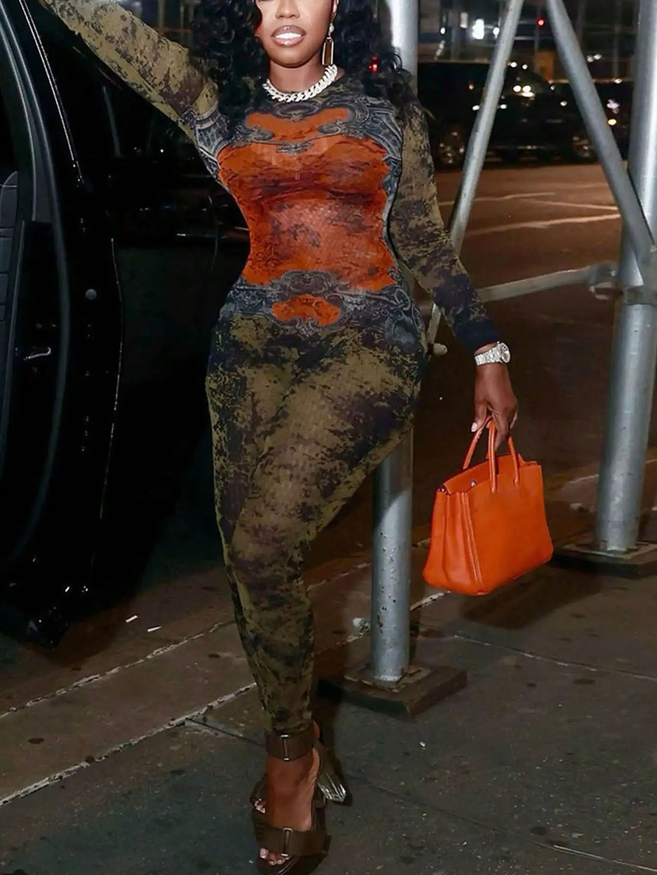 グラフィックプリントとメッシュディテールが付いたBWQセクシーなハイウエストフィットジッパー付き長袖ジャンプスーツ