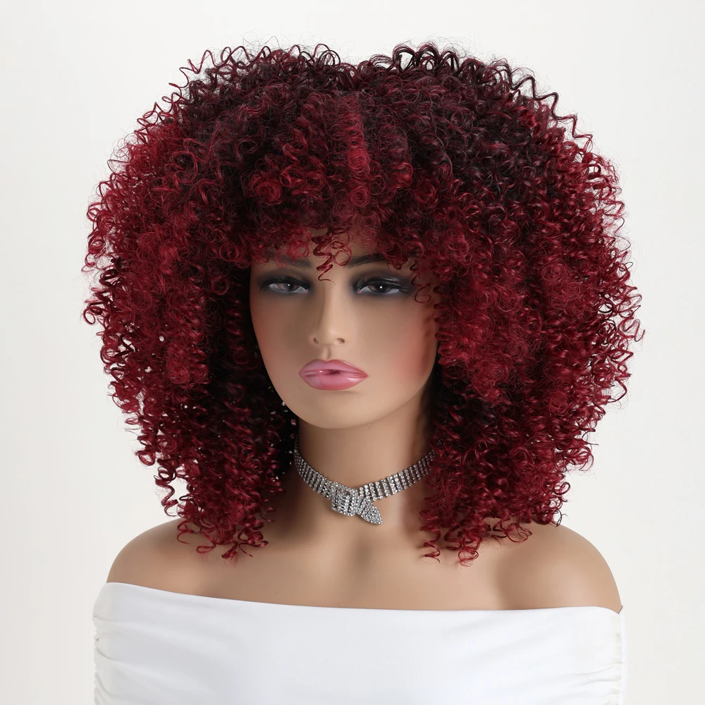 Pelucas sintéticas rizadas cortas de 16 pulgadas para mujeres negras, peluca roja de vino degradado rojo profundo suave con flequillo adecuada para disfraces de uso diario