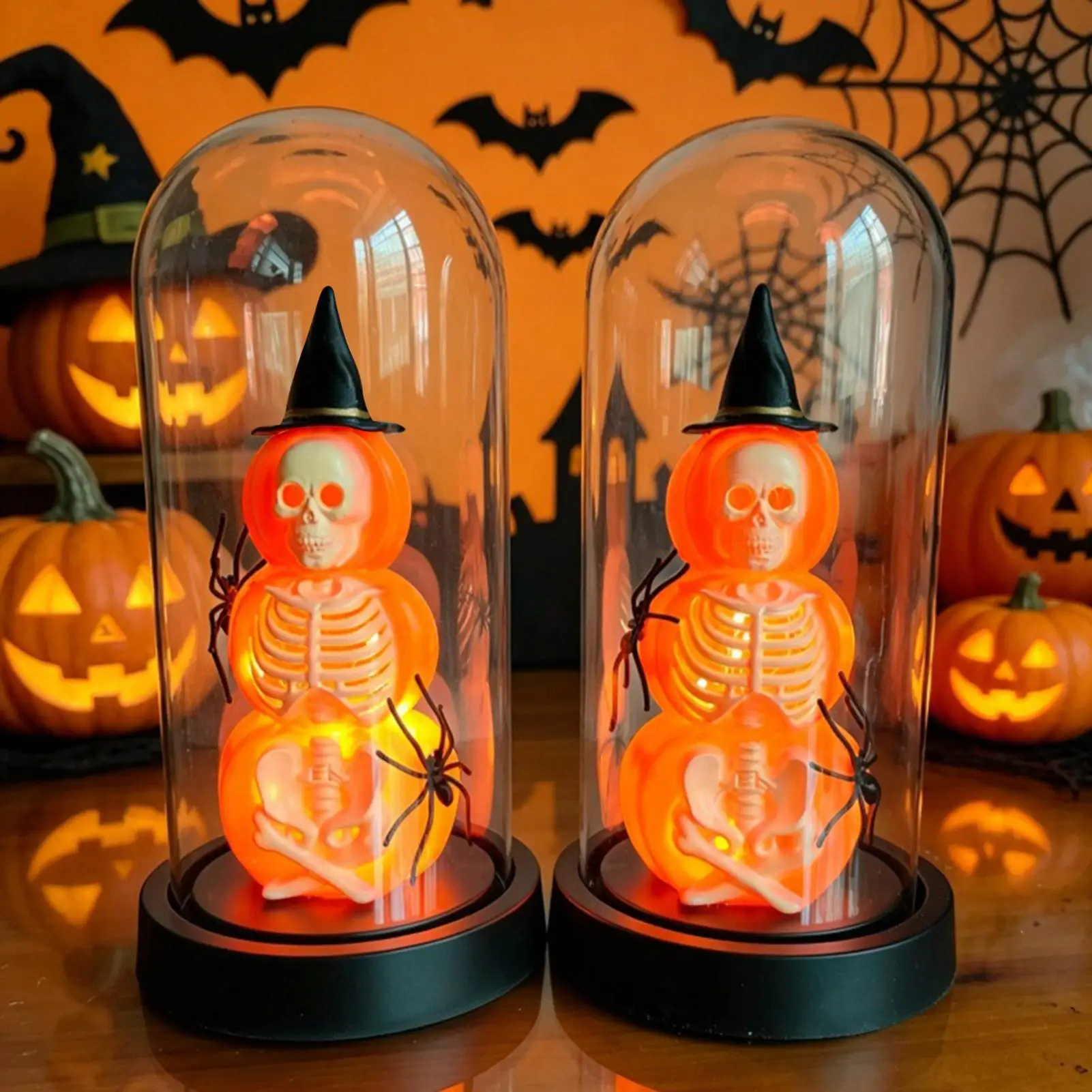 Halloween Pumpkin Lights Skeleton Desktop Ornament Halloween Pumpkin for Kids Room Indoor Horror Party Haunted House Bedroom Bar