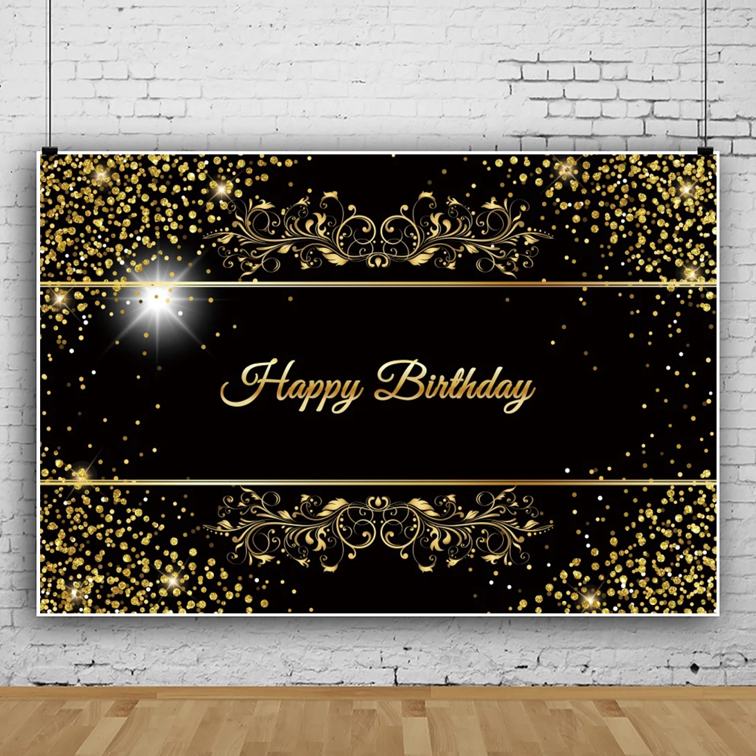 Laeacco Zwart En Goud Gelukkige Verjaardag Photocall Achtergrond Glanzende Sterren Stippen Kids Volwassenen Portret Aangepaste Fotografie Achtergrond