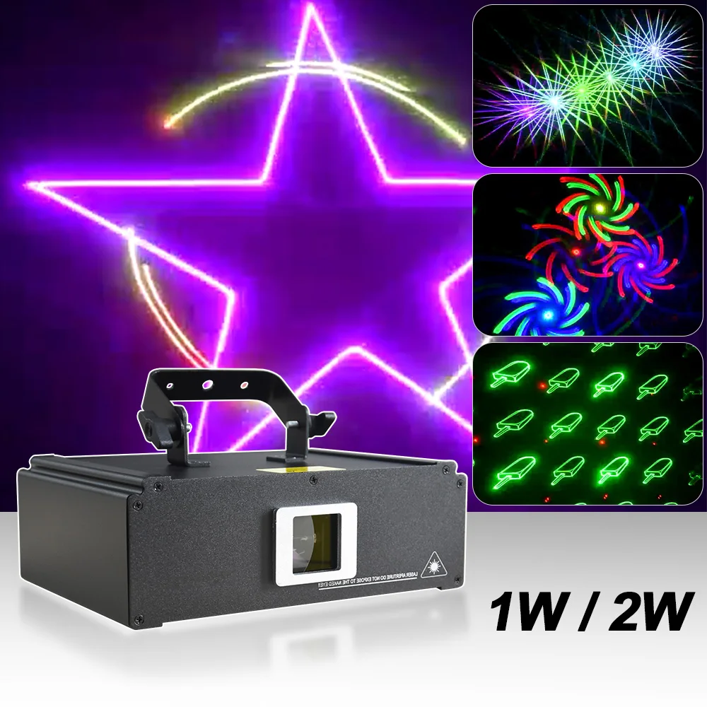 

Full Color 3D Effect 1w 2w RGB Laser Scanner Lights DJ Party Bar Laser Disco Projector Stage Lighting With 10 Effects Animation