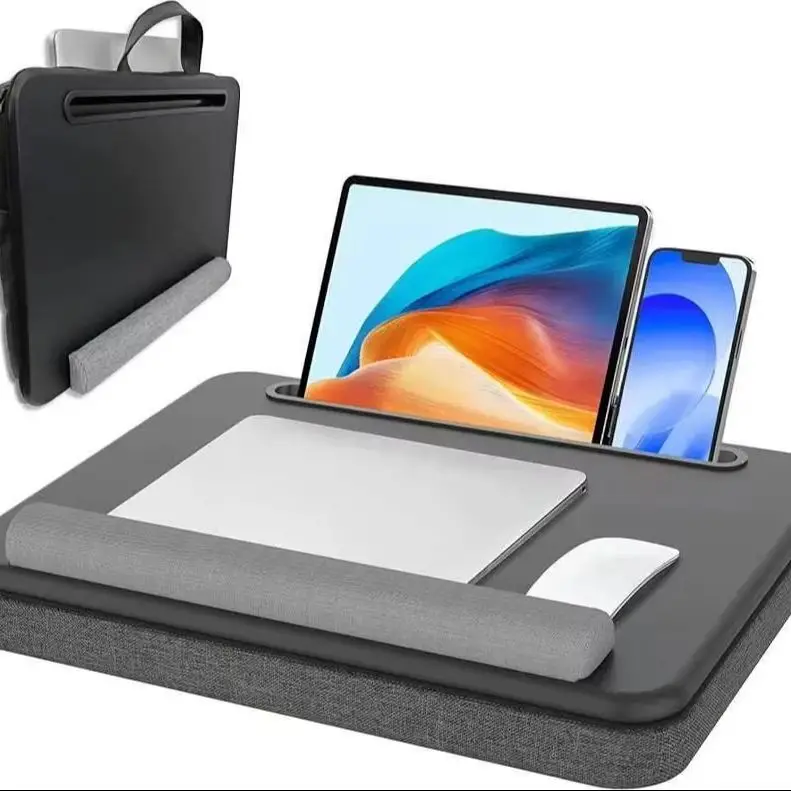 Portable laptop desk with storage compartment, suitable for office use. Compact laptop desk with handle and desktop height pad