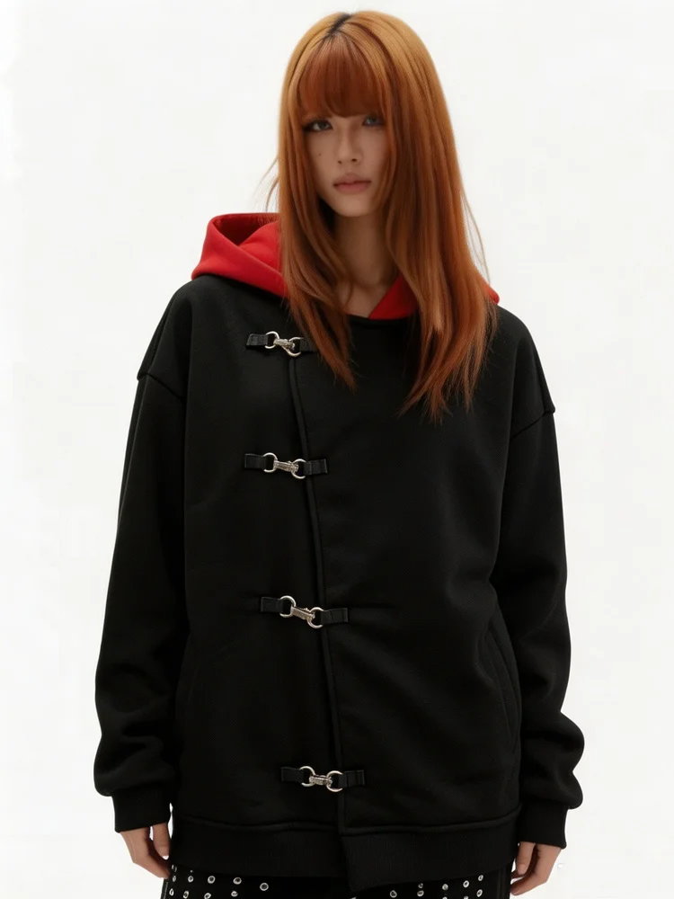 Herbst Winter Damen Goth Streetwear Y2K Ästhetik Kontrast-Kapuze Metallschnallen-Detail Diagonale Vorderseite Übergroßer Kapuzenpullover – Detail 8