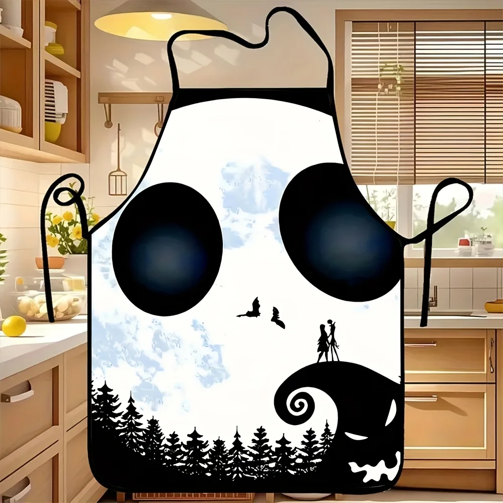 Delantal con patrón de cómic de película de pesadilla antes de Navidad, perfecto para manualidades, hornear, pintar, cocina y limpieza del hogar, delantal para tienda de barbacoa, cafetería, suministros de cocina, 1 pieza