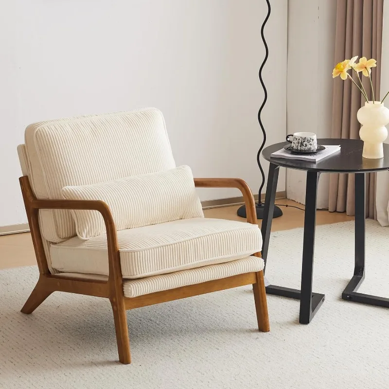 

Mid-Century Modern Accent Chair, Living Room Chairs with Pillow Corduroy Upholstered Lounge Armchair with Solid Wood F