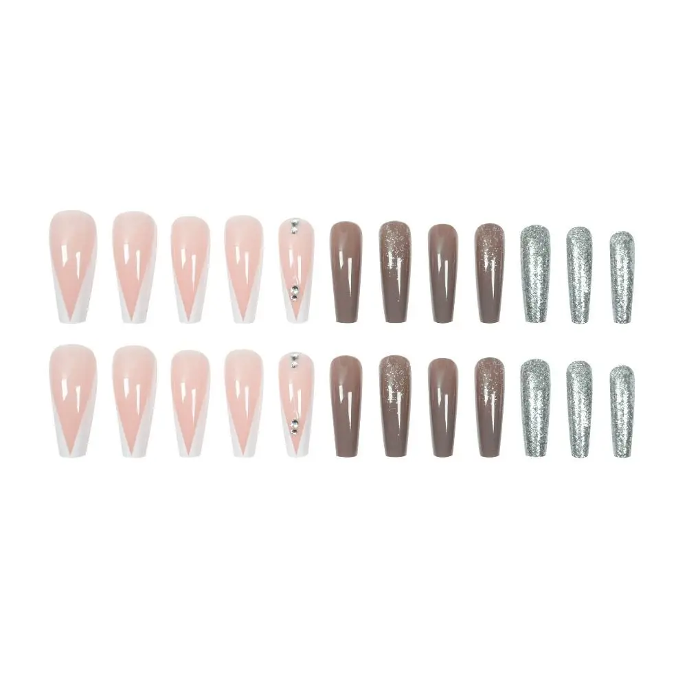 24 szt. Odpinane DIY Cyrkonie Pełne Pokrycie Sztuczne Paznokcie Długie Francuskie Leopard Balerina