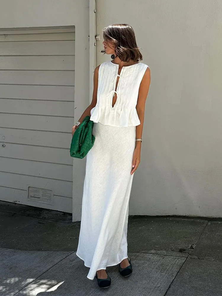 

Sexy White Sleeveless Tie Shirt Top Long Skirt Two Piece 2026 Women Fashion Set Summer Holiday Beachwear Swimwear Cover Up A2860