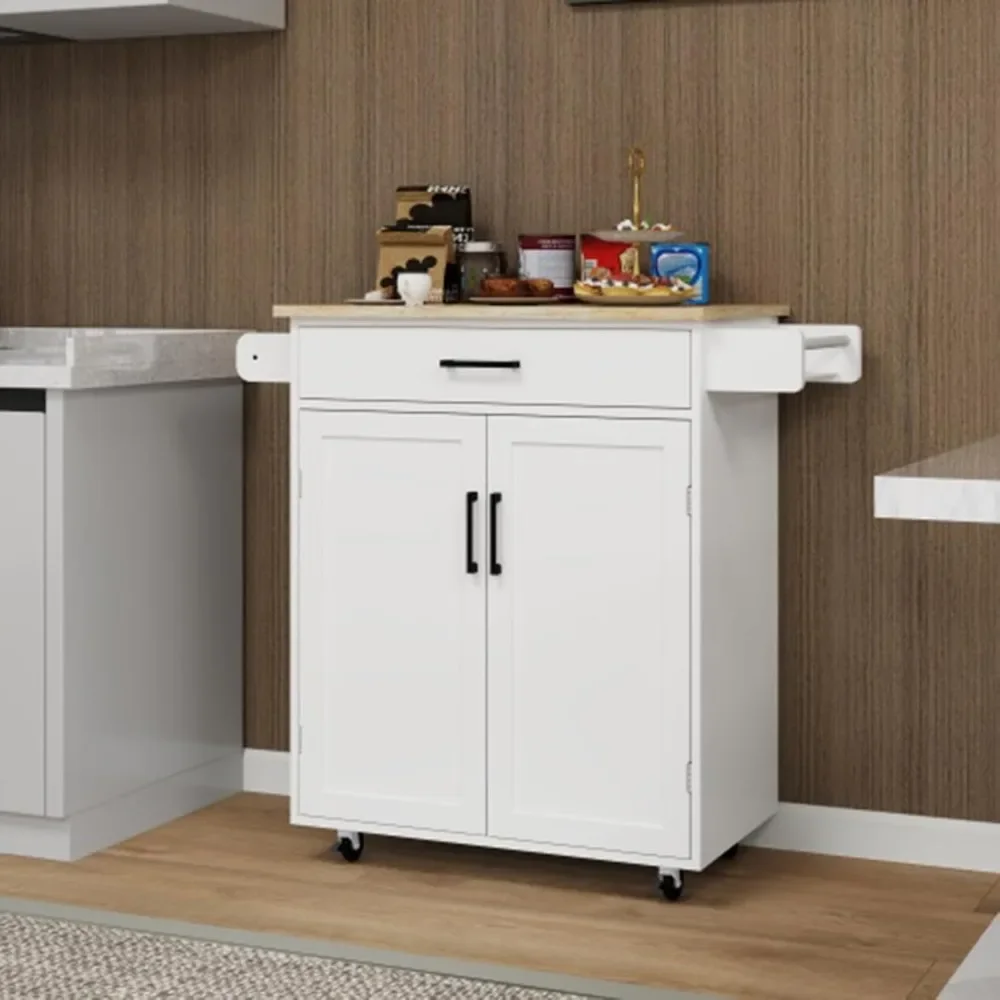 Kitchen Island Trolley Cart with 1 Drawer & 2 Doors, Cabinet with Racks & Adjustable Shelves, Sideboard with Rubber Wood Table