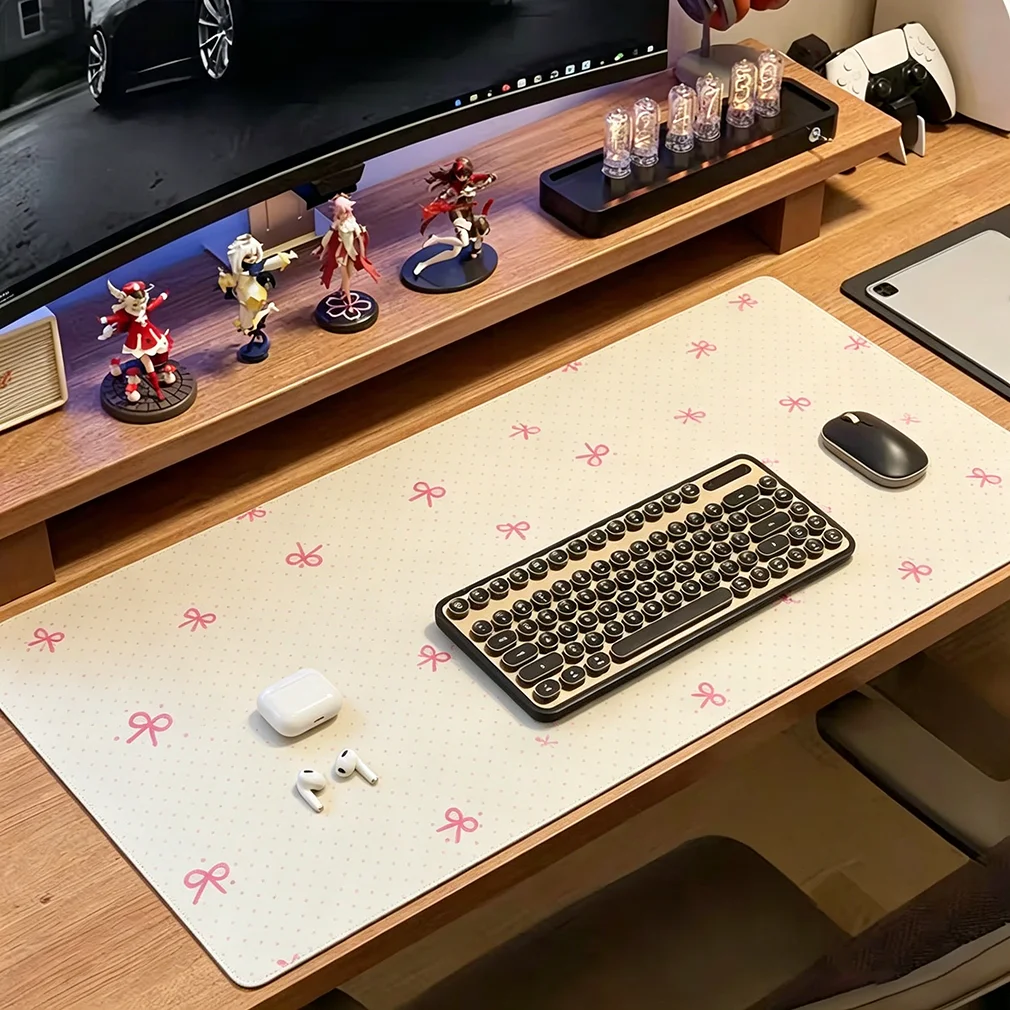 Leather Desk Pad Protector ins Pink Polka Dots Blue Bow YMouse Pad Office Desk Mat Waterproof Non-Slip PU Desk Blotter Pad