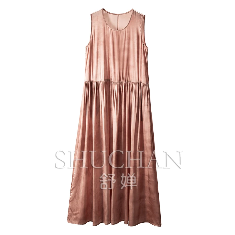 

Tank Dresses Women Natural Silk Printing Pinch Pleated 2M + Big Pendulum Sleeveless Dress Women 1Y07