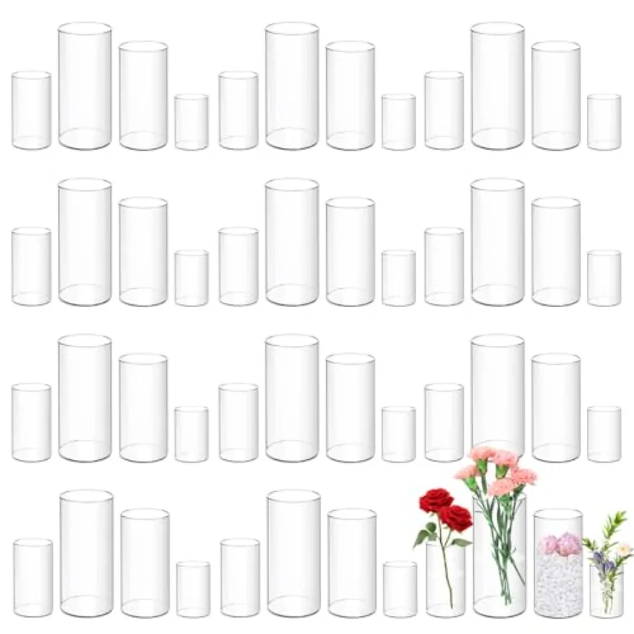 Wedding centerpiece vases: acrylic clear 4-10 inch tall cylinder vases bulk set of 48 glass-like finish hurricane candle holder