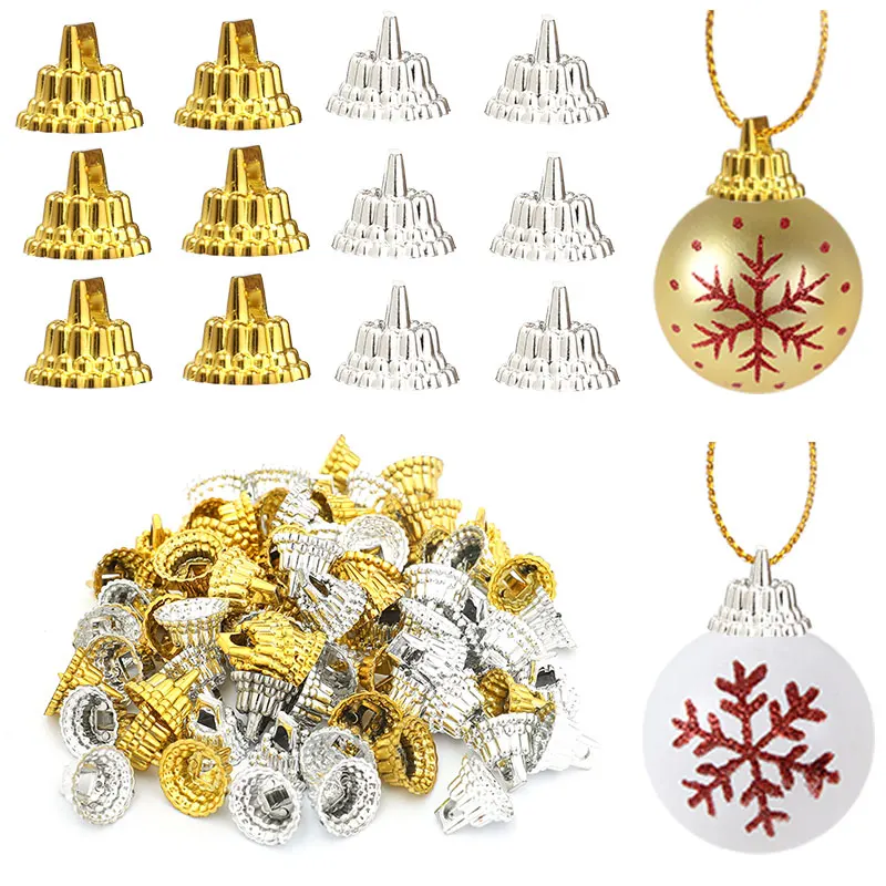 100 Stück runde Weihnachtsschmuck-Kappen, Gold, Silber, abnehmbare Metall-Kleiderbügel, Kappenständer, Ersatz, DIY, Weihnachtskugel, Hüte, Hängedekoration