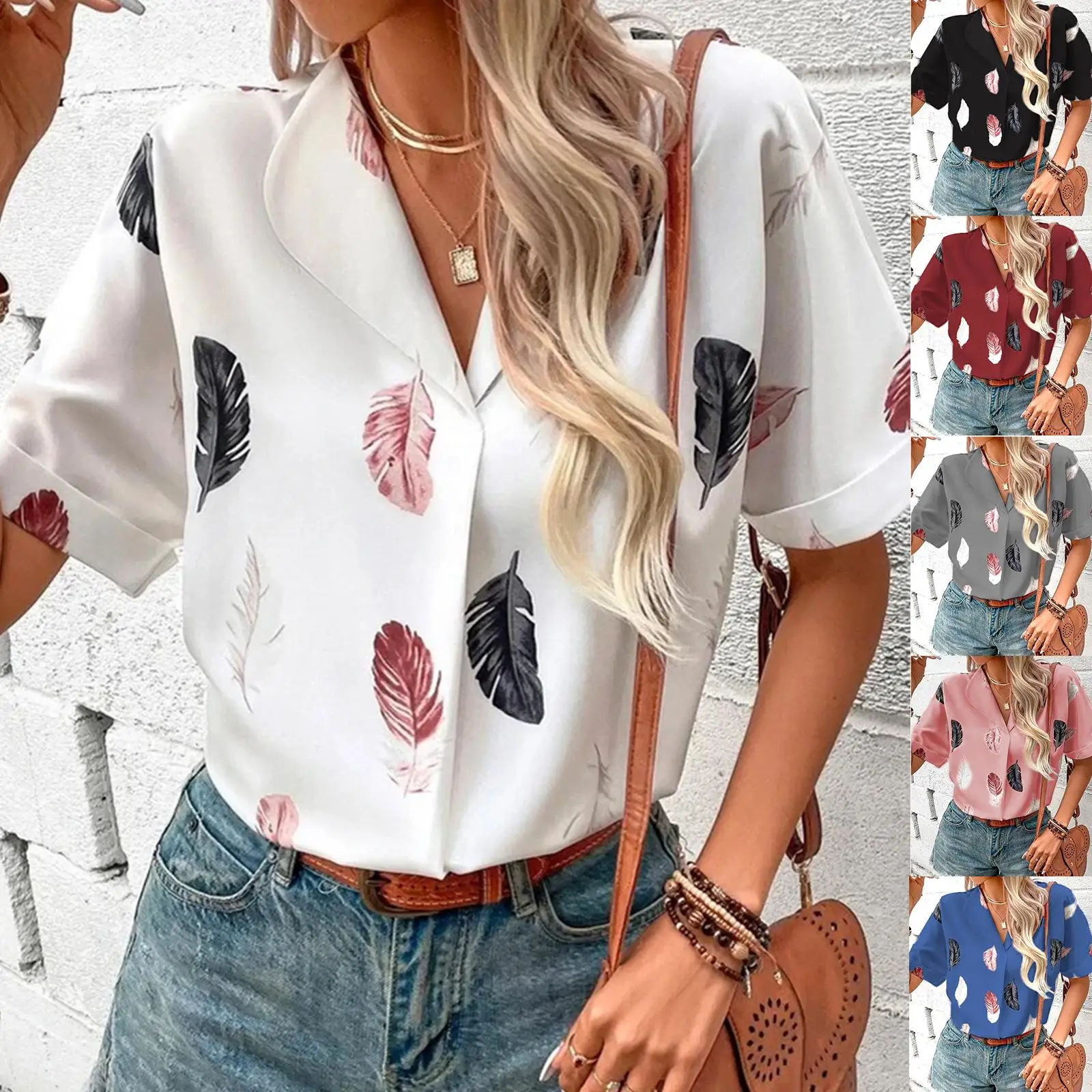 

Ele Women's Feather Print irt ort Sve Polyester Fiber Blouse Faionable Collared Top for Ladies Summer Season