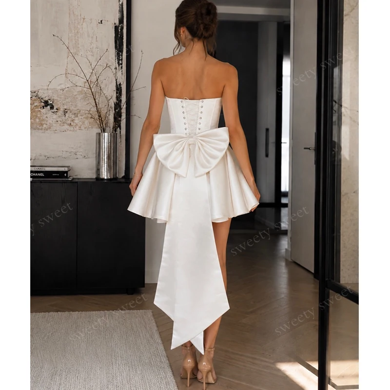 Graceful Short-Length Wedding Dresses Satin With Bow Mini Ball Gown Sleeveless Strapless Customized Bride Dress Prom Dresses