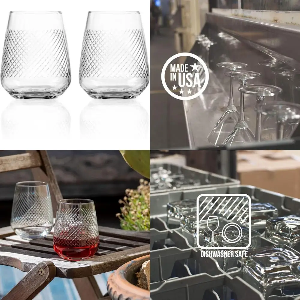 

Set of 2 15.75oz Stemless Wine Glasses | Lead-Free Luxury Glassware | Diamond-Engraved Tumblers