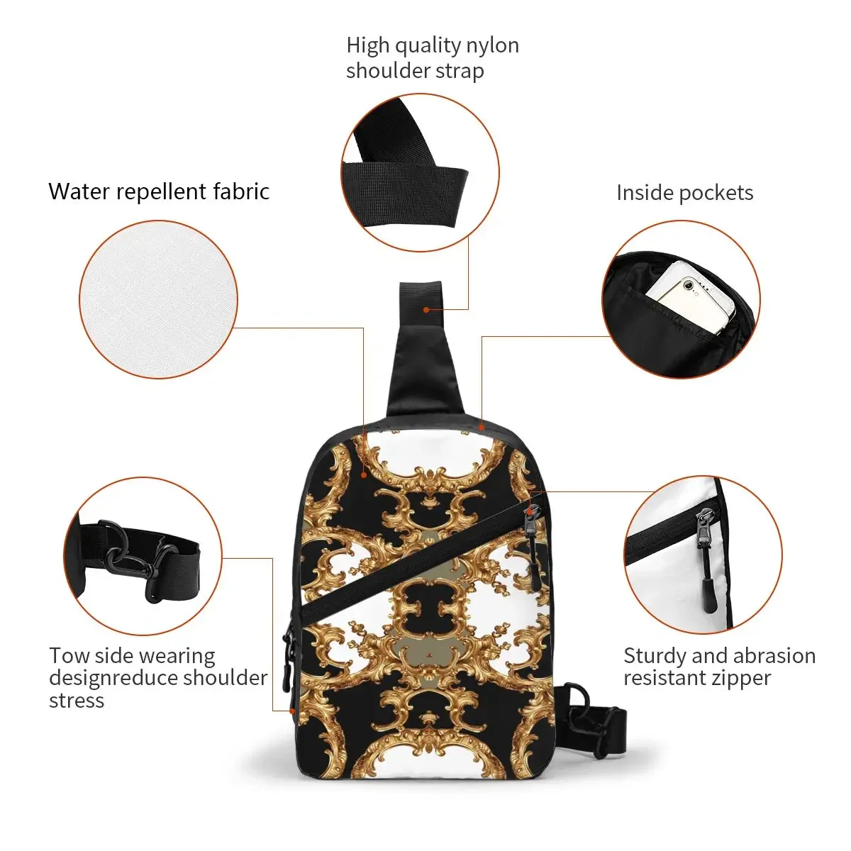 Fashion Golden Ornamental Baroque Symmetrical Crossbody Sling Backpack Men Shoulder Chest Bag for Traveling