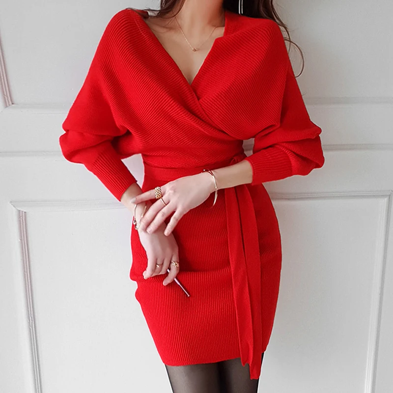 New 2024 Spring Dresses For Women V Neck Cross Backless Long Sleeve Knitted Short Dresses With Belt Korean Style Sexy Dress