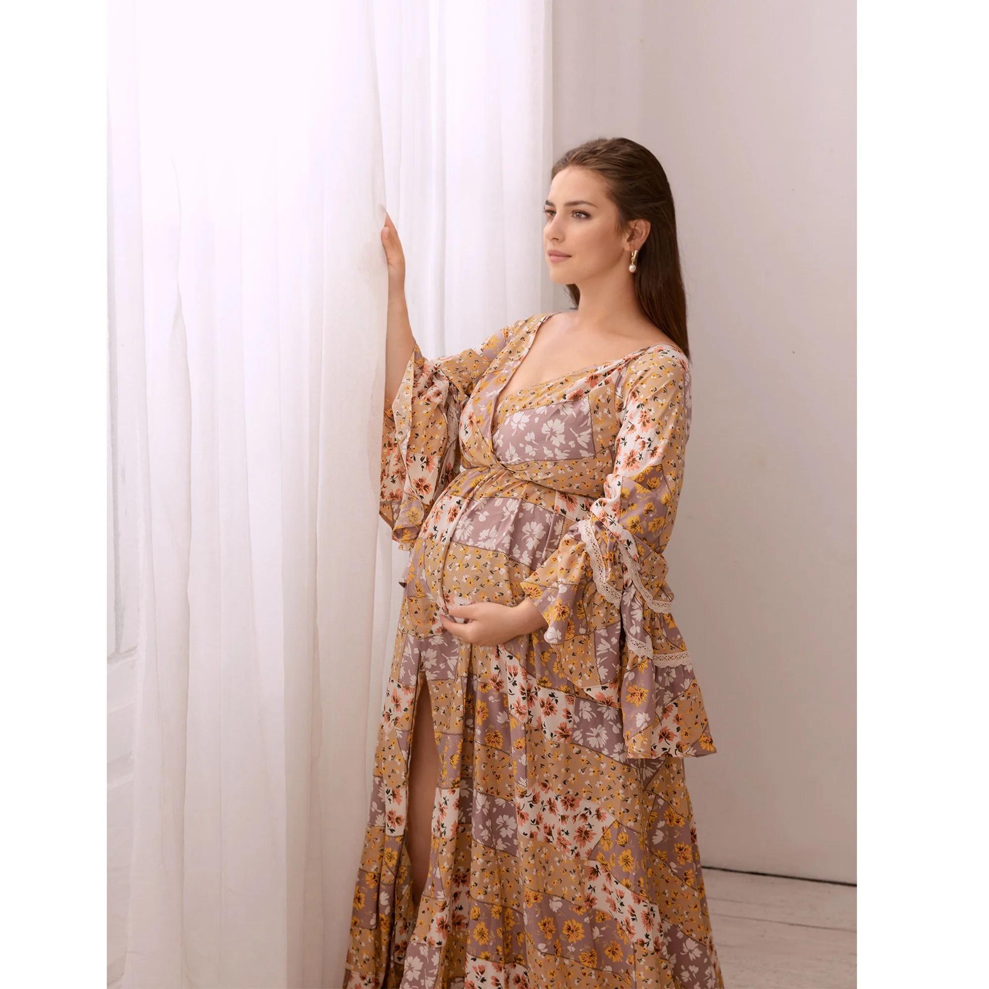 Don&Judy Maternity Gown For Photoshoot Printed Dress with a Large Open Back and Front Slit Wedding Baby Shower Dreses Clothing