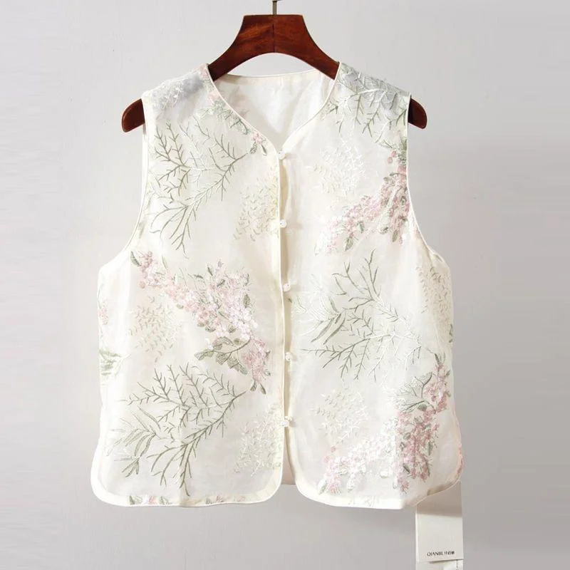 Loose Fashion Cardigan Chinese Wind Vest Thin Yarn Embroidered Sleeveless Single-breasted Vest Women Take Outside