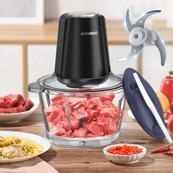 Food Processor, 350W Powerful Meat Grinder, 2L glass bowl 3 Speed Modes 2 Bi-Level Blades for Onion, Meat, Nuts, Frui 1