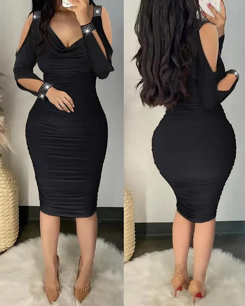 

Dresses for Women 2023 Autumn Fashion New Hot Diamond V-neck Long Sleeved Off Shoulder Pleated Skirt Wrap Hip Sexy Bodycon Dress