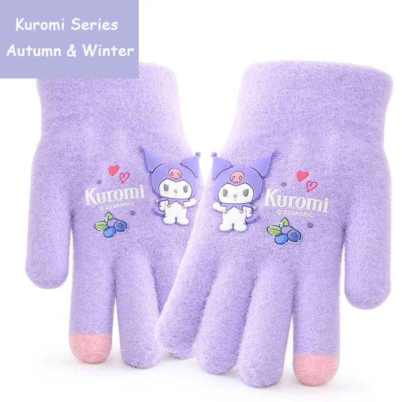 Kawaii Kuromi Children Gloves Winter Warm Girls Babys Five Fingers Plush Gloves Sanrio Cute My Melody Touch Screen Kindergarten