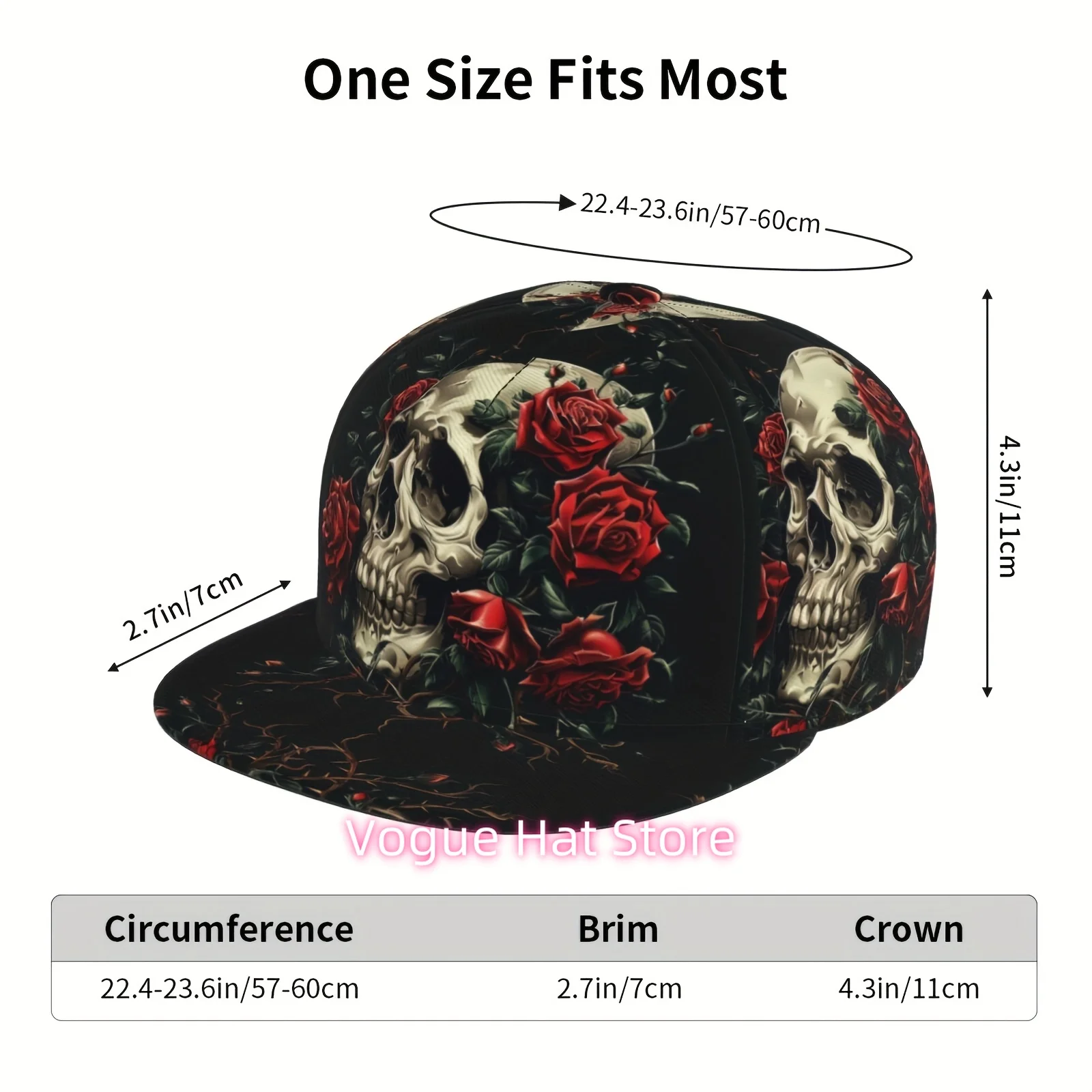 [Edgy Baseball Cap] Edgy Streetwear Gothic Skull & Red Rose Baseball Cap | Adjustable, Lightweight Polyester, Machine Washable -