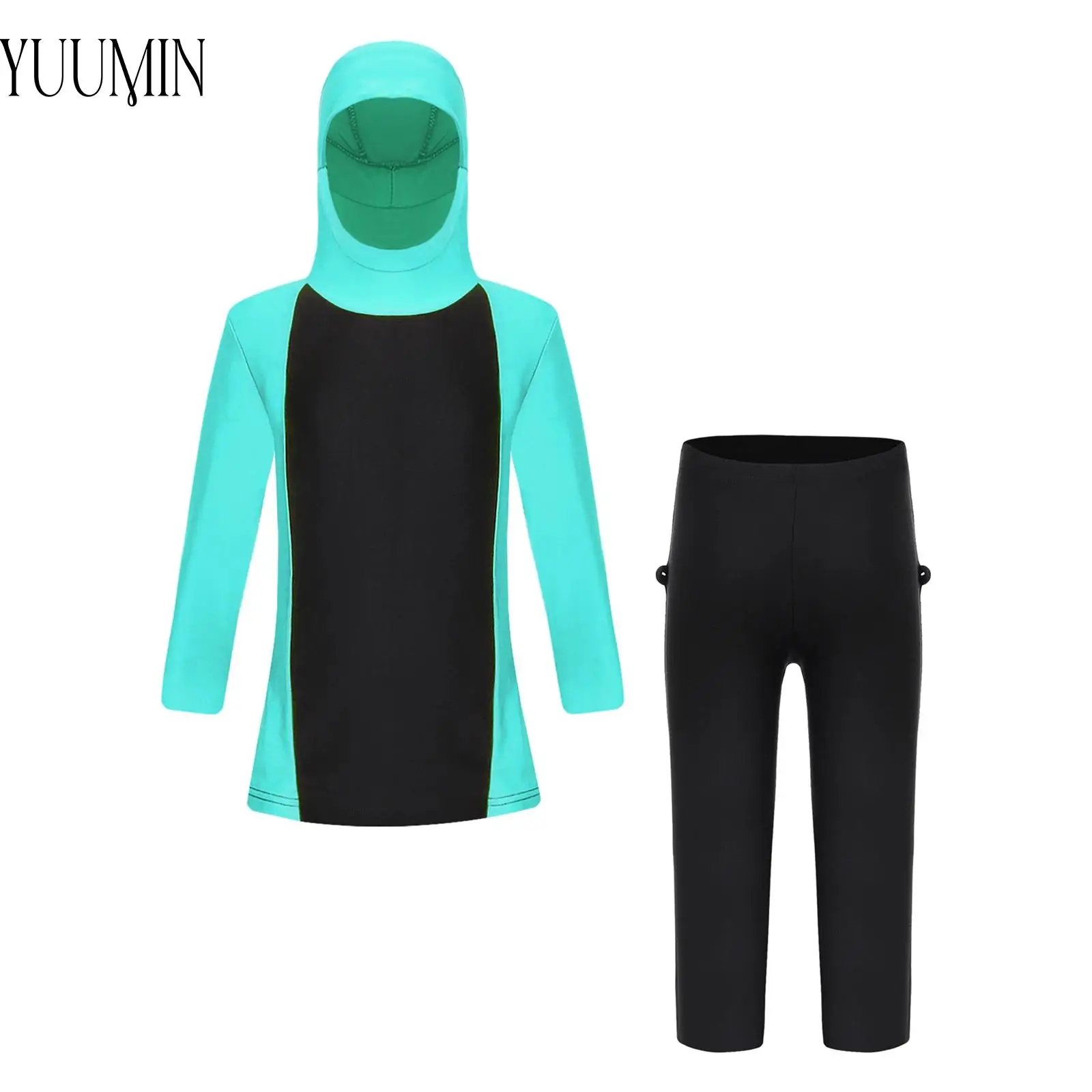 

2Pcs Girls Full Cover Modest Muslim Swimsuit Hooded Hijab Long Sleeve Swim Top with Swim Pants Set Rash Guard Burkin Swimwear