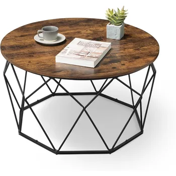 Image Round Coffee Table for Living Room, Cage Cocktail Table with Steel Frame, 31.5 Inches Dia., Industrial Style, Rustic Brown