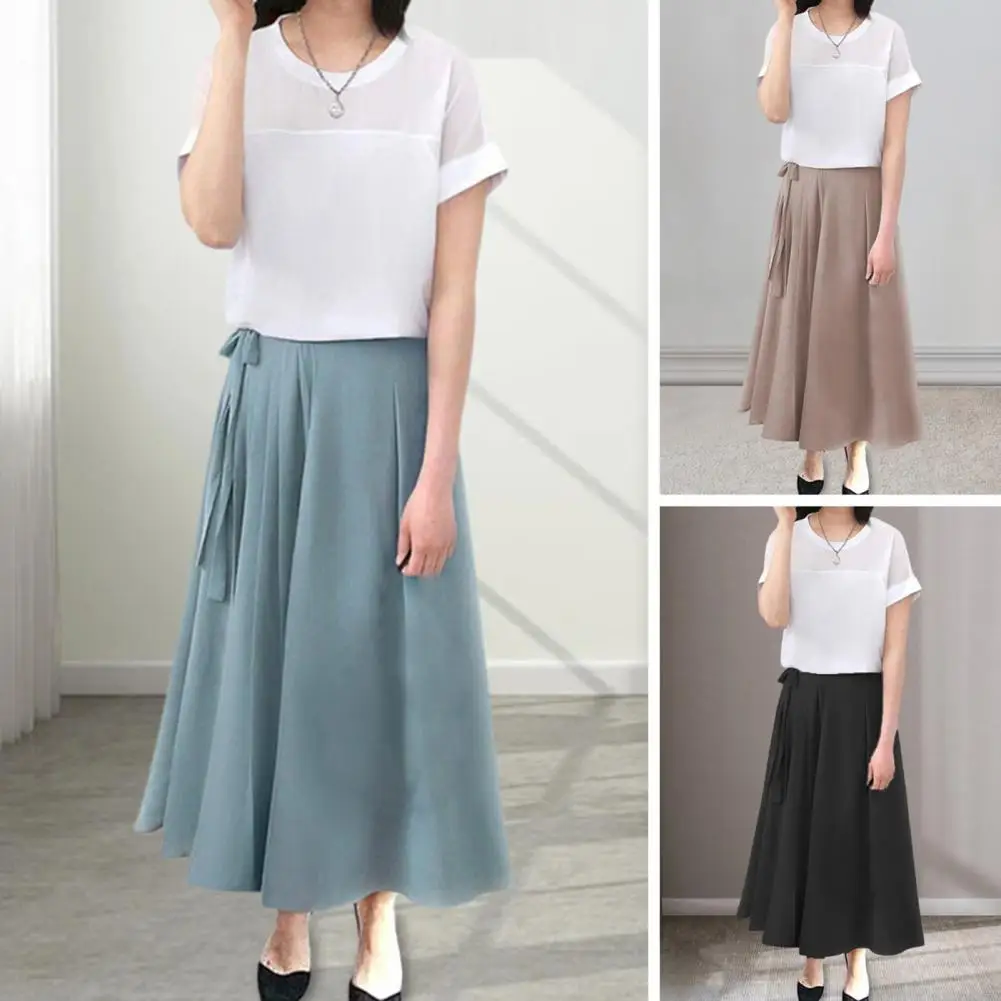 

Slimming Pleated Culottes Elegant Women's Pleated Chiffon Culottes with Lace-up Bowknot Detail Loose Fit Wide Leg for Spring