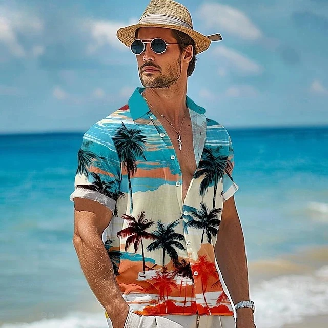 New Palm Tree Hawaiian Men Shirt Button Up Shirts Tropical Hawaiian Beach Shirt Gift for Vacation Tee Tops Short Sleeve Blouses