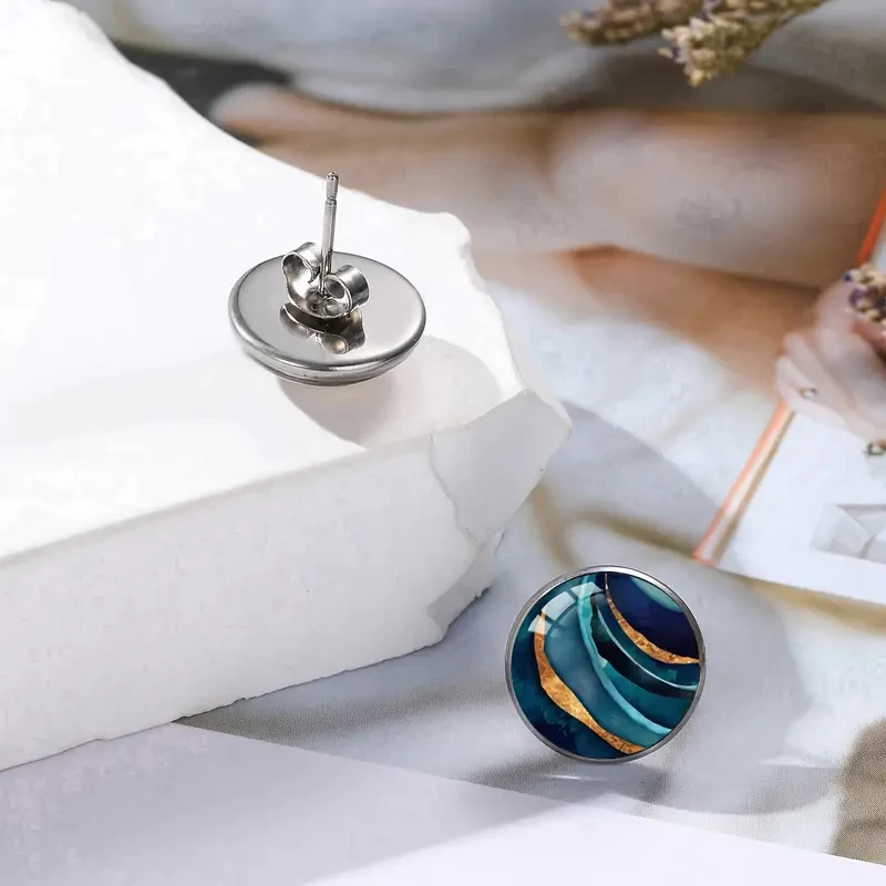 Blaue Marmor strukturierte Glaskuppel Ohr stecker Vintage Edelstahl künstlerische ästhetische Ohrringe für Frauen – Detail 4