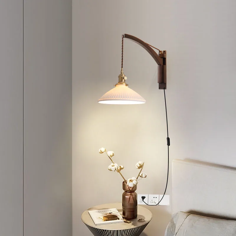 

Master bedroom bedside light Nordic solid wood fishing wall light Creative walnut color living room aisle light Japanese wall li