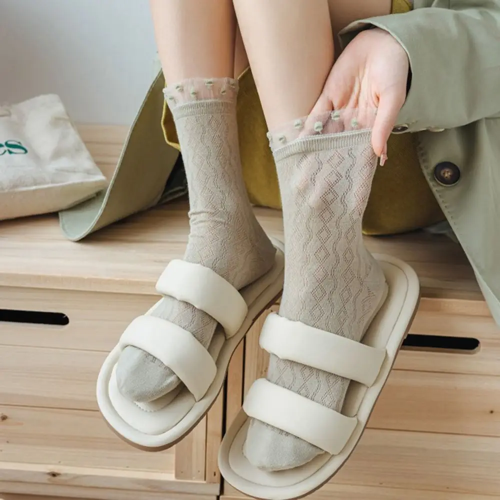 

Breathable Fashion Ruffles Solid Color Comfortable For Girls Elastic Female Hosiery Mesh Socks Middle Tube Socks Hollow Socks