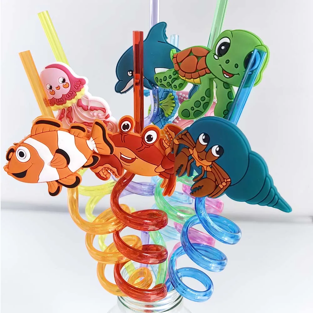 Sea Animals Plastic Drinking Straws Turtle Crab Shark Ocean Animals Keychain Under the Sea Themed Birthday Party Favor Supplies