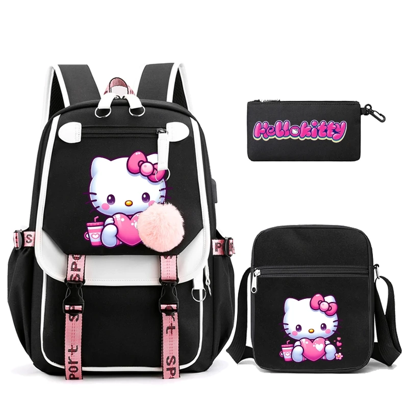 3Pcs/set Anime Hello Kitty Plecak płócienny dla mężczyzn Kobiety Torba podróżna Student Girl Boy Powrót do szkoły Schoobag Mochila