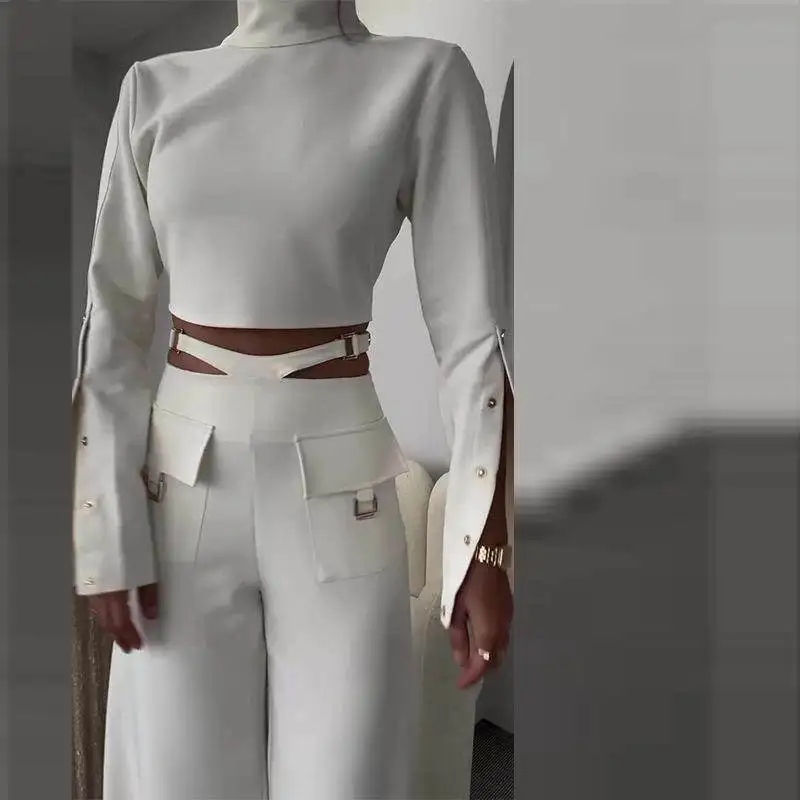 

Свободный комплект широких брюк, женский комплект с высоким воротником, однотонный, с отверстием, повседневный, с заниженной талией, ткань из ПВХ, весна, лето, осень