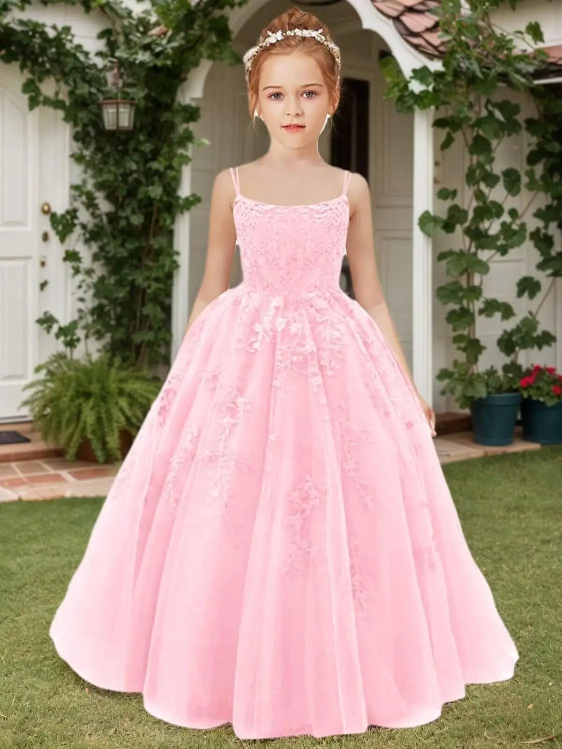 Flower Girl Tulle Square Neck A Line First Communion Dress Girls Lace Applique Pageant Party Ball Gown  Flower Girl Dresses