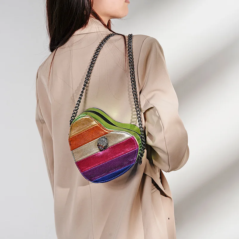 Wuxiate 2024 Mode herzförmige Regenbogen Frauen Umhängetaschen bunte Pu Einkaufstasche Outdoor-Reise Umhängetasche Modedesign