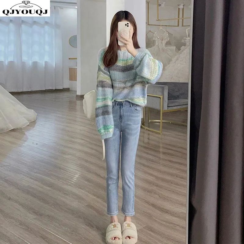 

Autumn and winter gentle French style small fragrance knitted sweater+fashionable jeans two-piece set for women