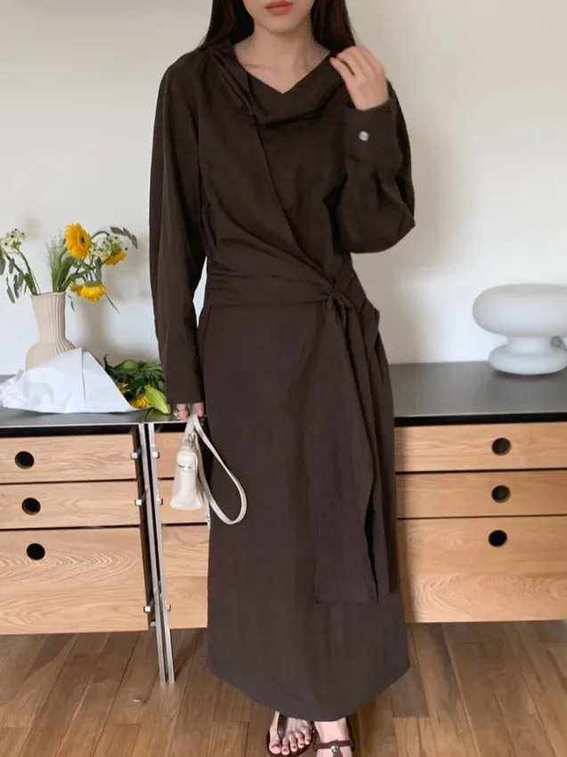 우아한 긴팔 솔리드 컬러 벨티드 허리 슬리밍 미디 드레스 봄 시크 V넥 타이 허리 여성 패션 드레스