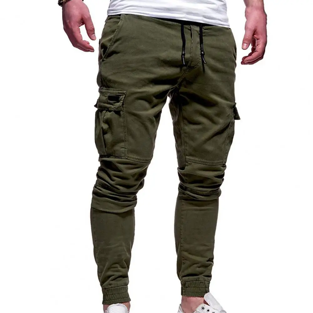 2025 Drawstring Multi Pockets Cargo Pants Solid Color Full Length Men Loose Multi Pockets Sweatpants Outdoor Activities Trousers