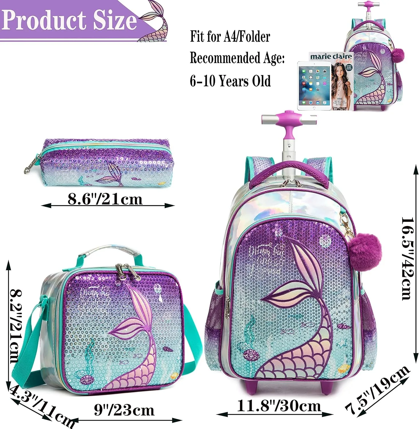 Mermaid Rolling Backpack for Gilrs Backpacks with Wheels for Elementary School Bag Trolley Trips Luggage with Lunch Box