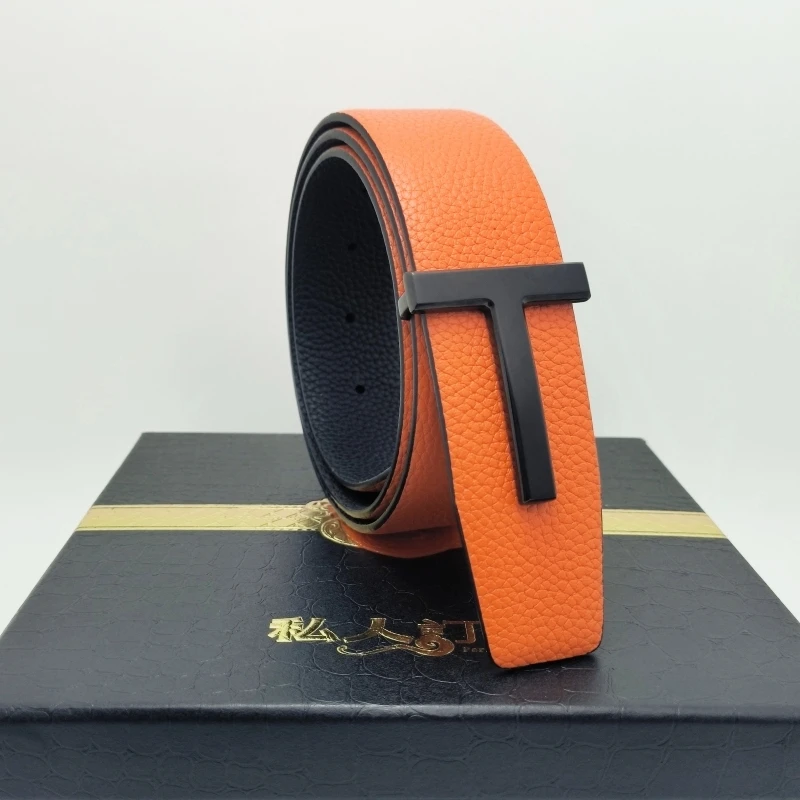 High Quality cintura uomo Luxury Goods Designer Male litchi Leather T-shaped Buckle Belt With Double-sided Use 38MM Tom ceinture