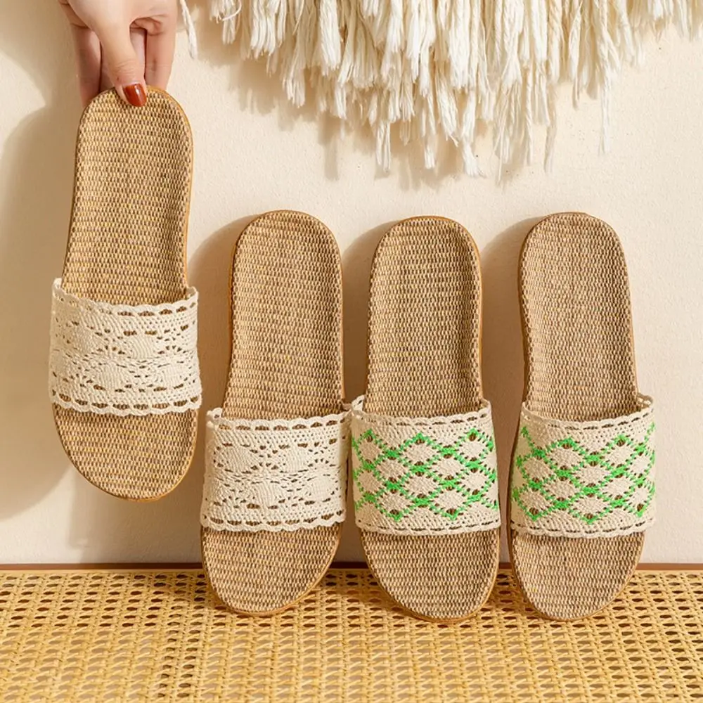 

Льняные кружевные тапочки в полоску в стиле пэчворк, милые туфли, соломенные тапочки, пляжные нескользящие шлепанцы для отпуска, женские сандалии