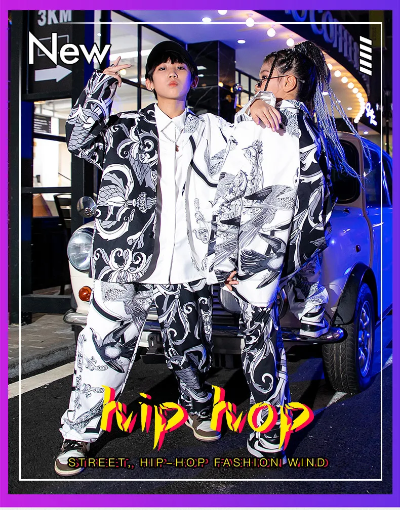 Jungen Hip Hop Kontrast Anzug Jacke Street Dance Lose Hosen Mädchen Streetwear Kühlen Blazer Kinder Jazz Kleidung Sets Kinder Kostüme – Detail 3