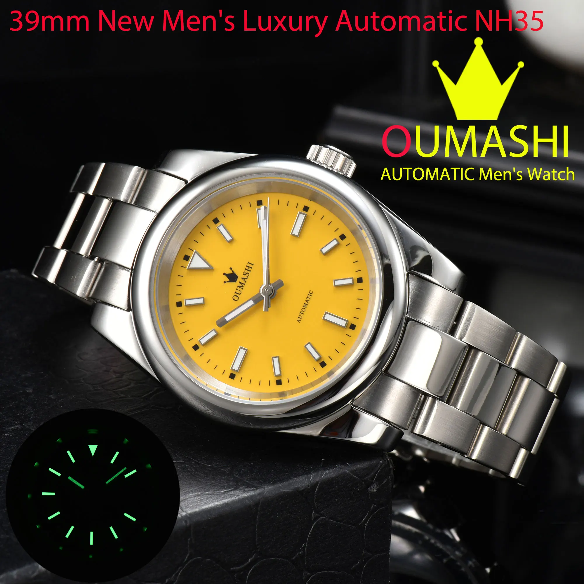 

OUMASHI Men's Watch 39mm New Men's Luxury Automatic NH35 Watch Movement Stainless Steel Waterproof Watch Glow 2