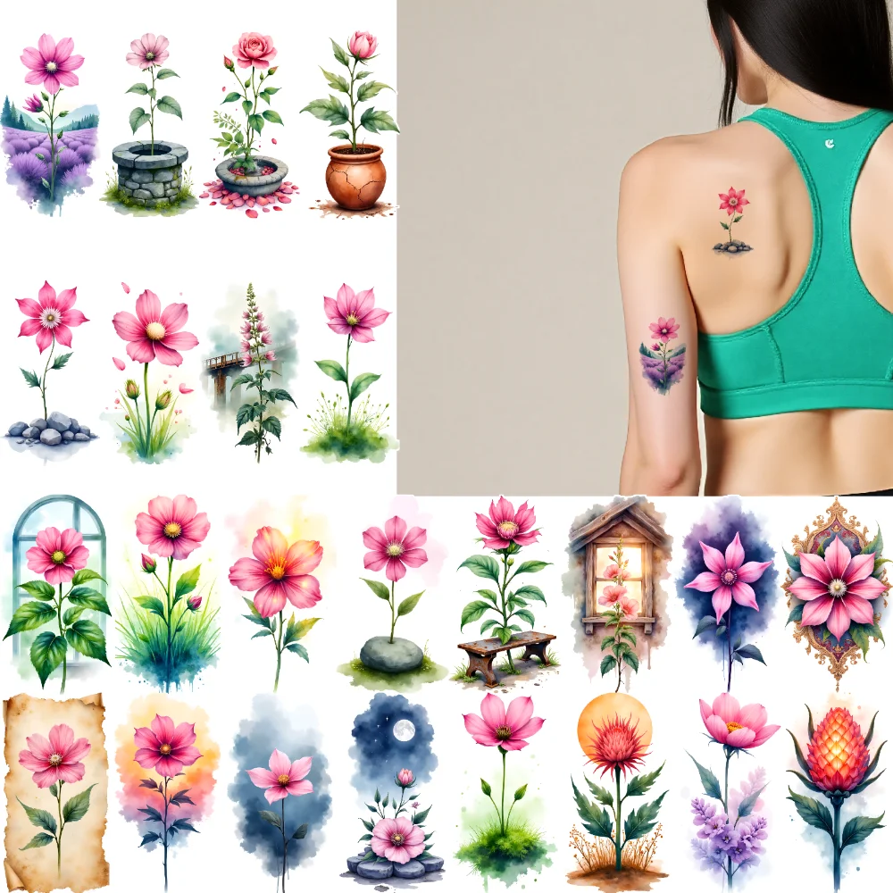 

9pcs Temporary Tattoo Watercolor Flowers Waterproof Long-lasting Body Stickers Flower Art Watercolor For Ladies Shoulders