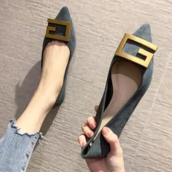 women shoes suede pointed toe metal bow decoration slip on flats mid-heel thick heel black loafers dress shoes