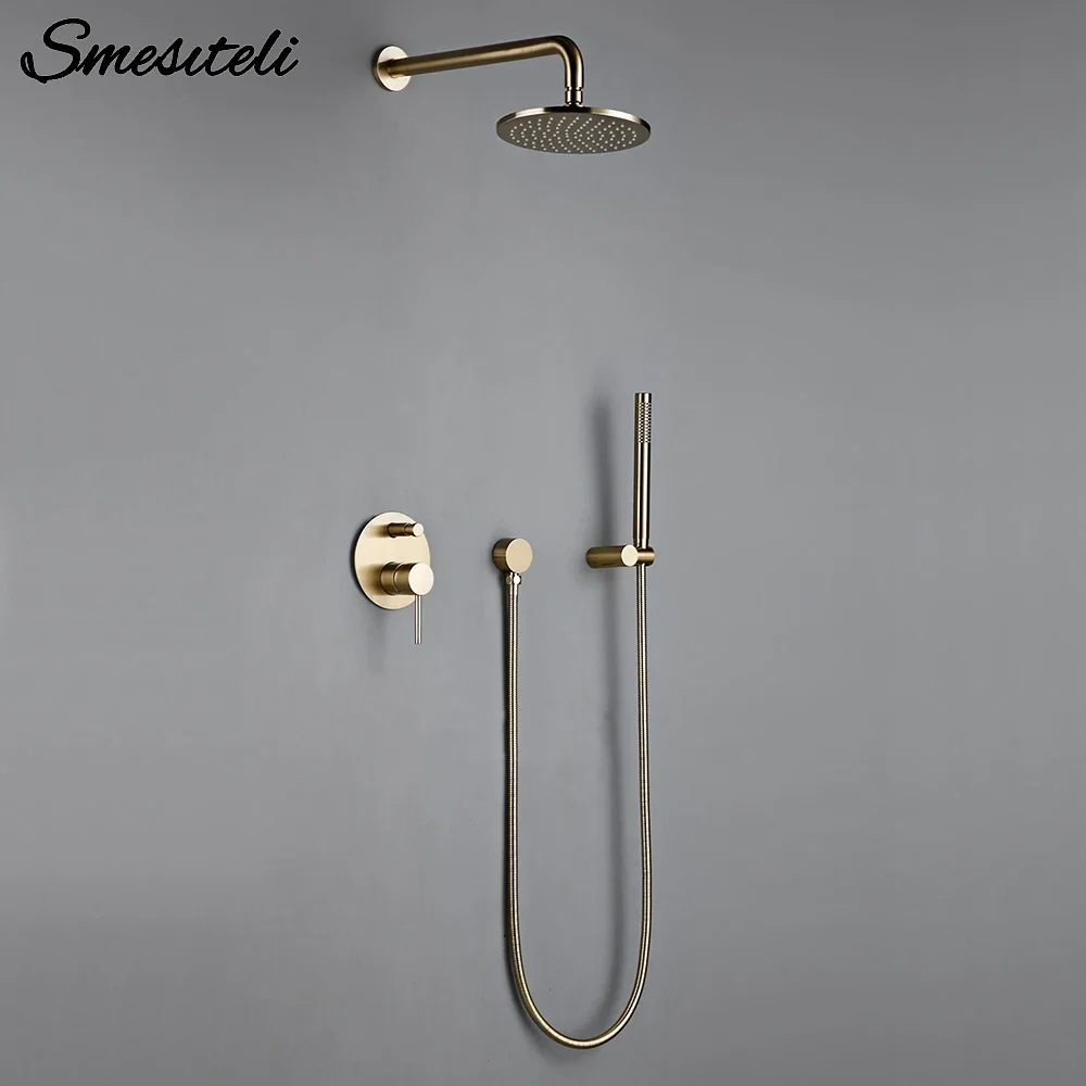 

Shower System Wall Mount Bathroom Set Bath Faucet Brass Diverter Mixer Tap Brushed Gold With RainFall Head And Hand Held 8-12"